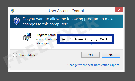 Screenshot where Qizhi Software (beijing) Co. Ltd appears as the verified publisher in the UAC dialog